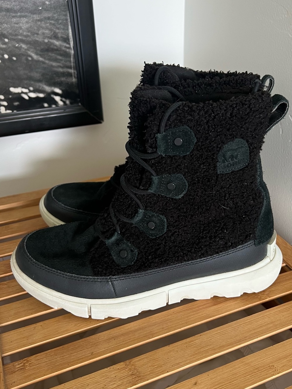 Sorel Black Sherpa Lace-Up Ankle Booties with White Sole